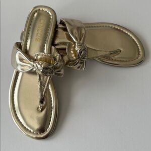 Chico's Gold Metallic Bow Slide Sandals Glam Flat Slip-On Size 8